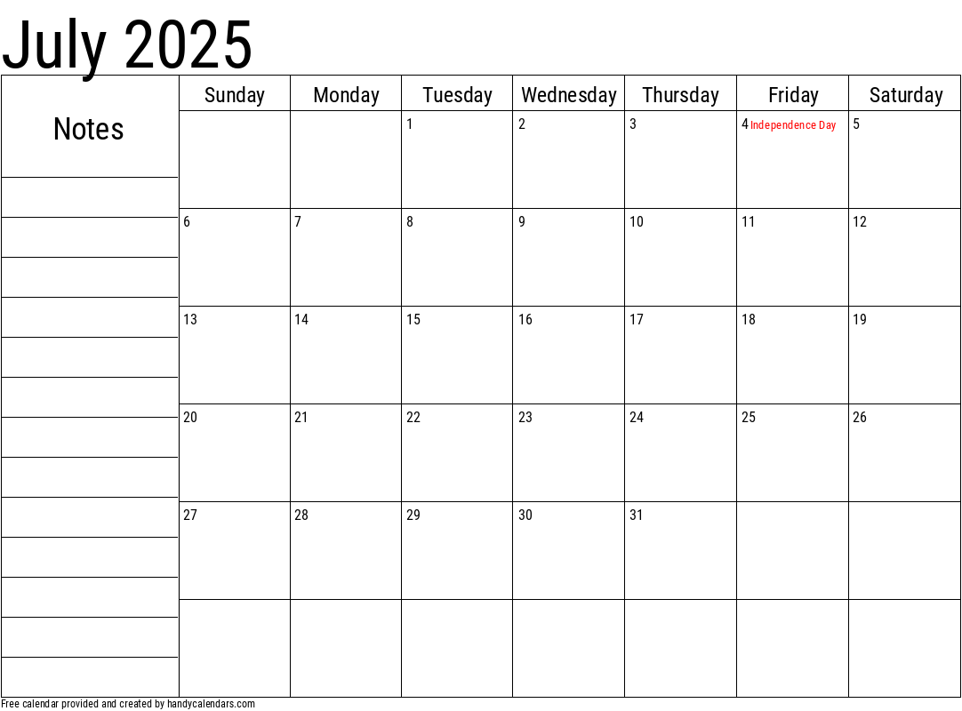 July 2025 Calendar With Notes And Holidays Handy Calendars