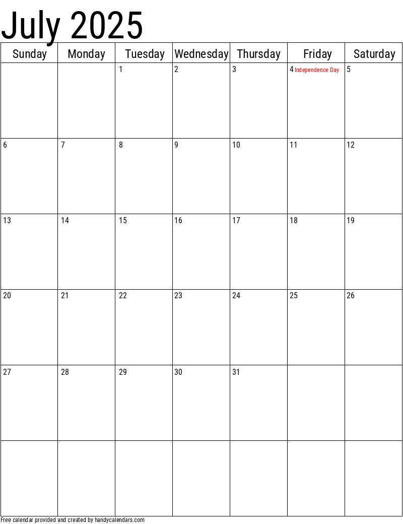 July 2025 Vertical Calendar With Holidays Handy Calendars
