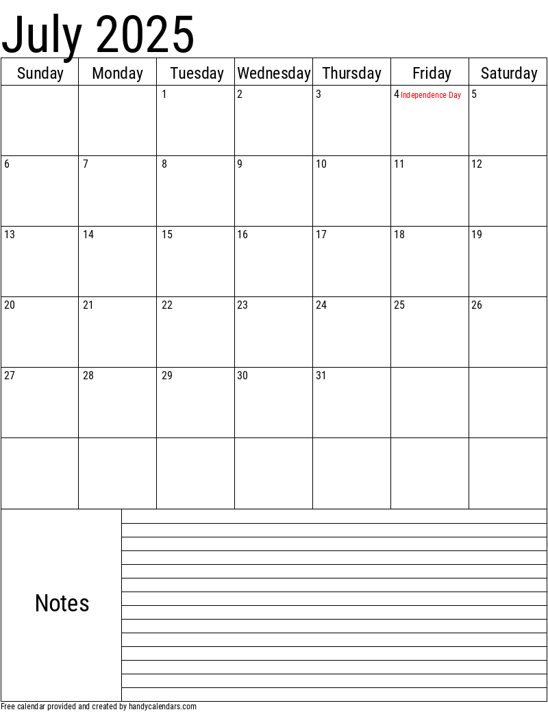 July 2025 Vertical Calendar With Notes And Holidays Handy Calendars