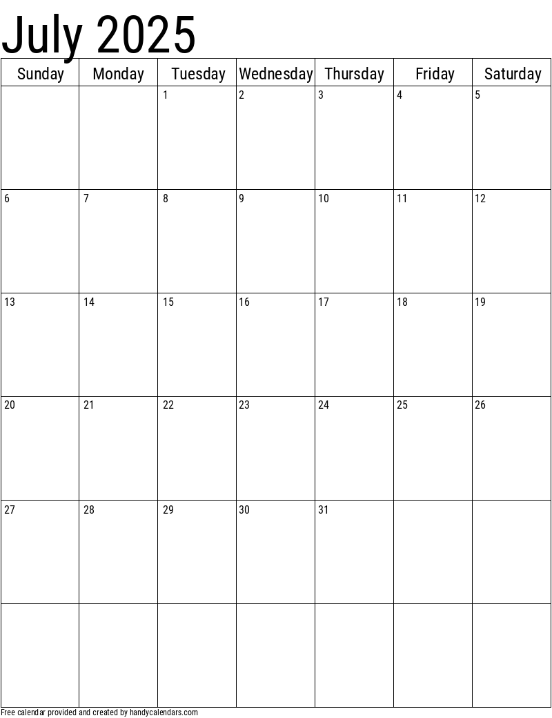 July 2025 Vertical Calendar Template