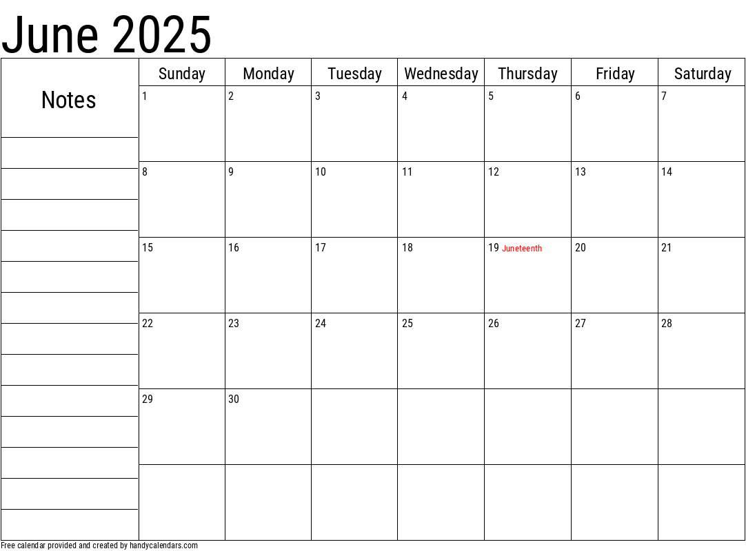 June 2025 Calendar With Notes And Holidays Handy Calendars
