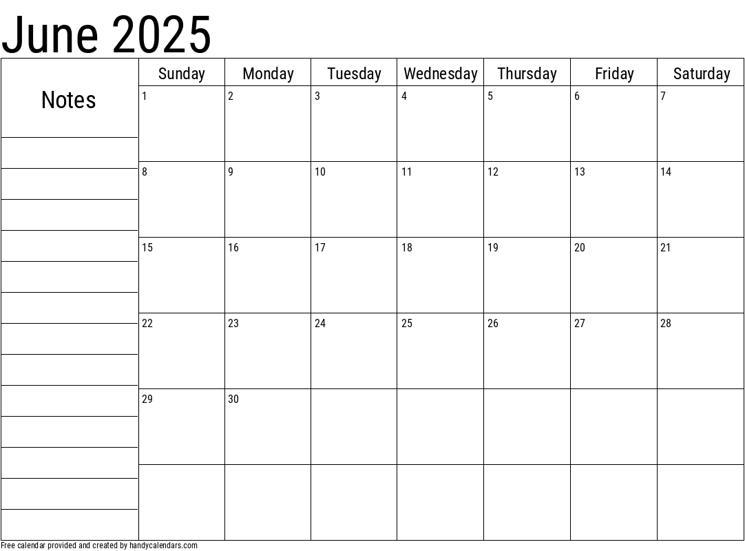 2025 June Calendar with Notes Template