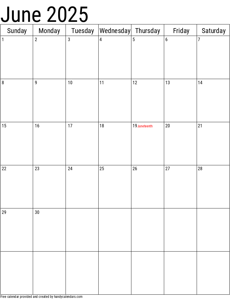 June 2025 Vertical Calendar With Holidays Handy Calendars