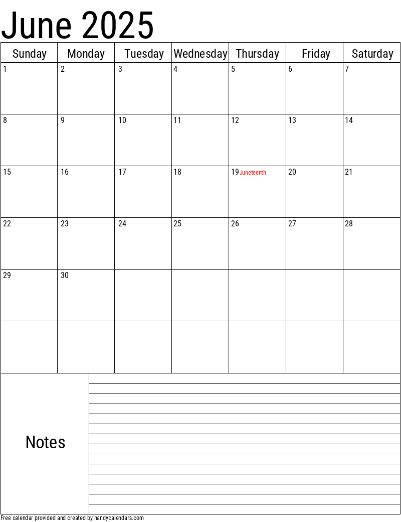 June 2025 Vertical Calendar With Notes And Holidays Handy Calendars