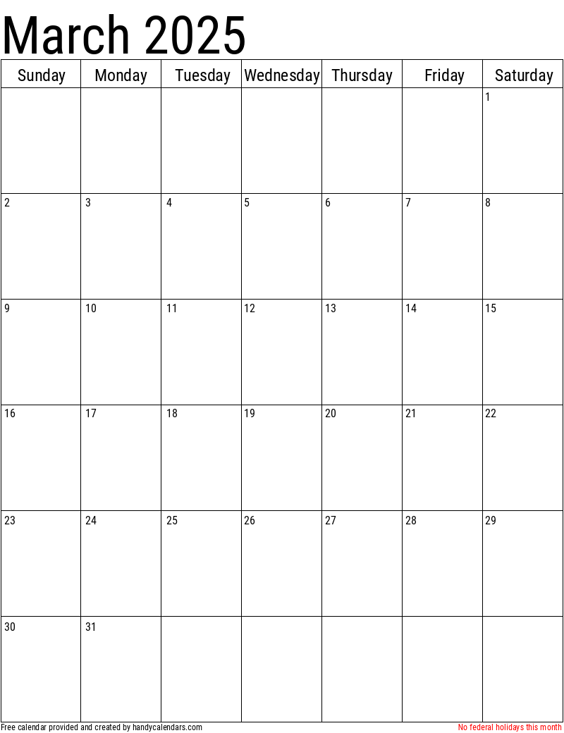 March 2025 Vertical Calendar With Holidays Handy Calendars