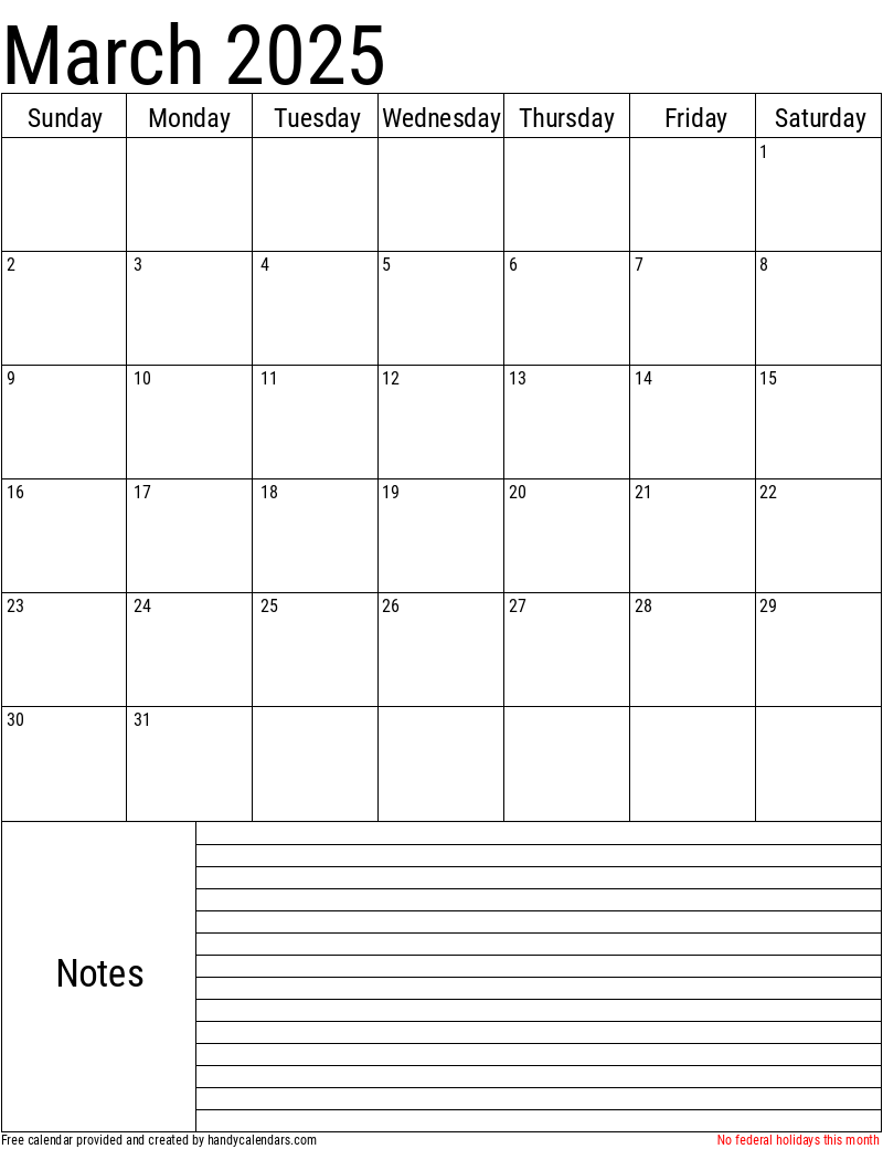 March 2025 Vertical Calendar With Notes And Holidays Handy Calendars