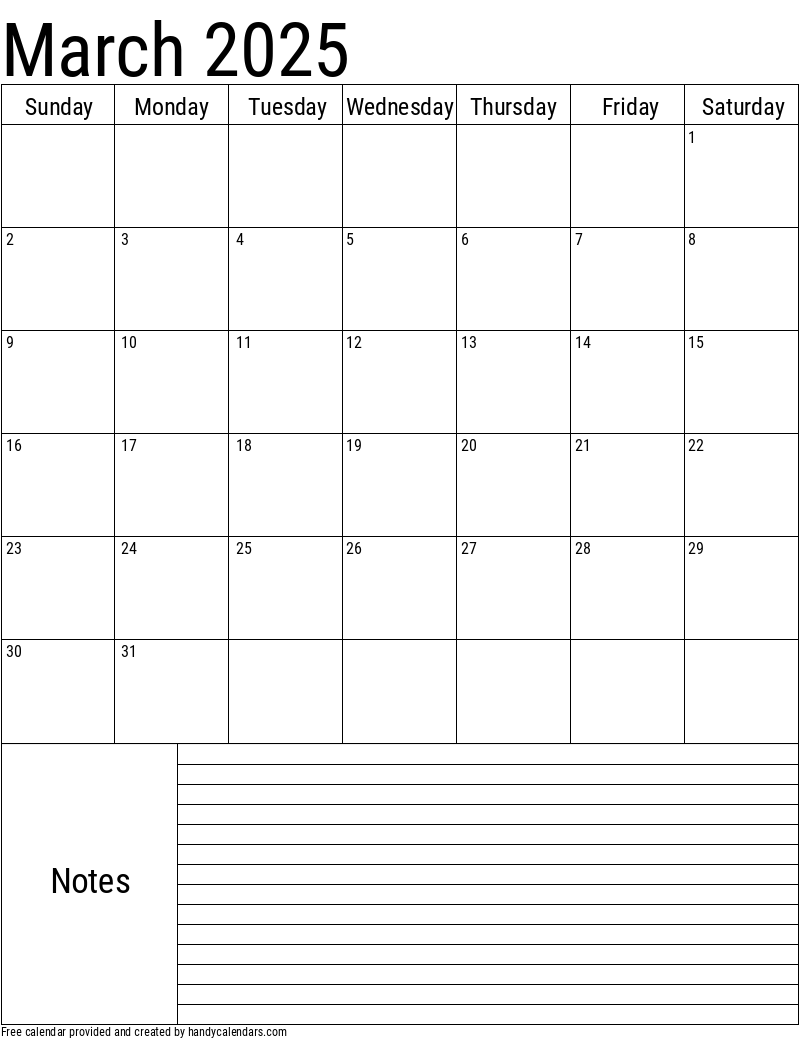 2025 March Vertical Calendar with Notes Template