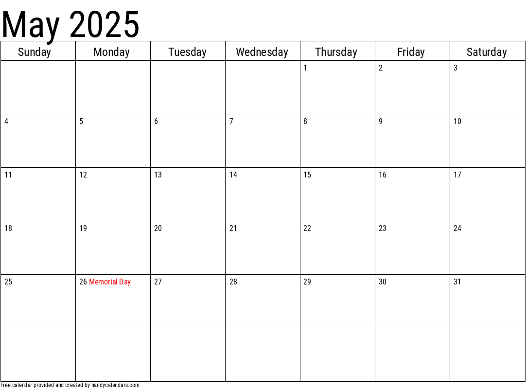 2025 May Calendar Template with Holidays