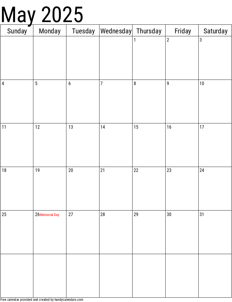 May 2025 Vertical Calendar With Holidays Handy Calendars