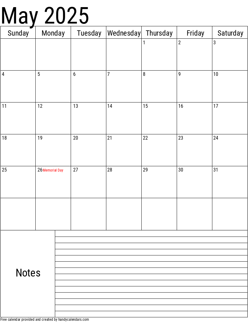 May 2025 Vertical Calendar With Notes And Holidays Handy Calendars