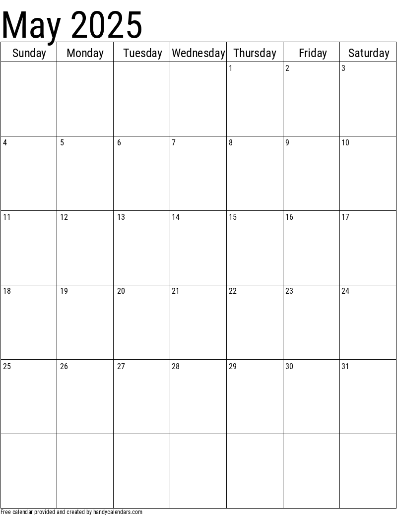 2025 May Vertical Calendar Template