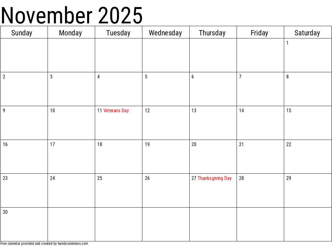 2025 November Calendars Handy Calendars