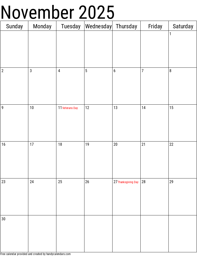 November 2025 Vertical Calendar With Holidays Handy Calendars