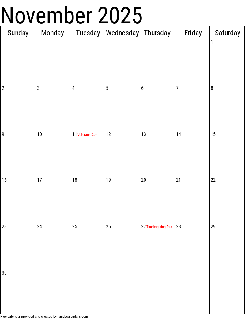 2025 November Calendar With Holidays List 2025