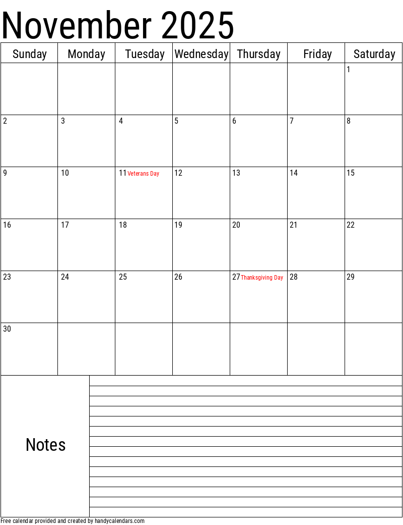 November 2025 Vertical Calendar With Notes And Holidays Handy Calendars