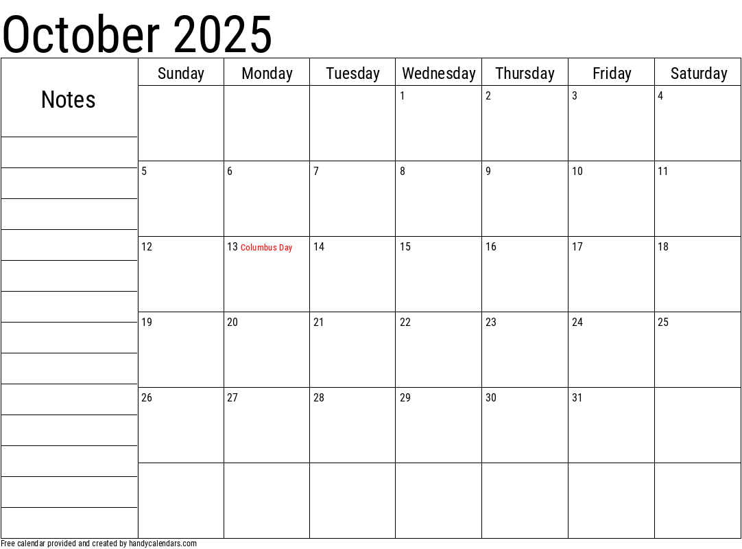 October 2025 Calendar With Notes And Holidays Handy Calendars