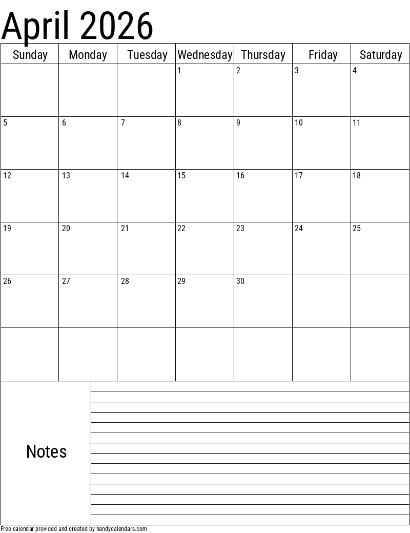 2026 April Vertical Calendar with Notes Template