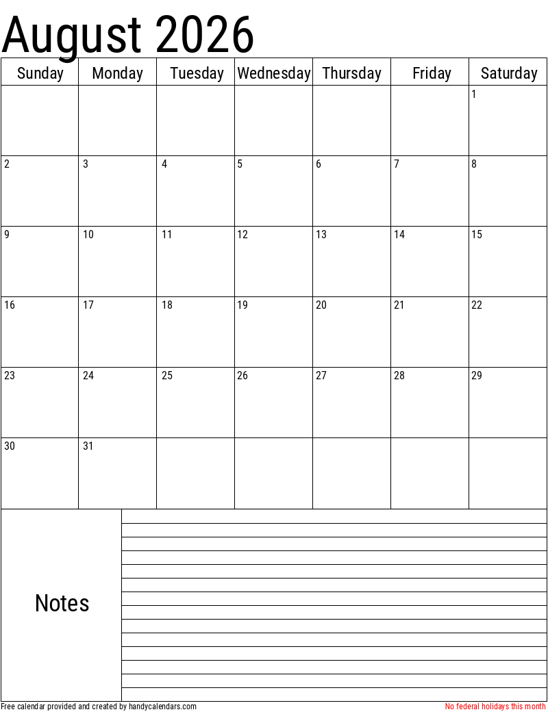 August 2026 Vertical Calendar With Notes And Holidays Handy Calendars