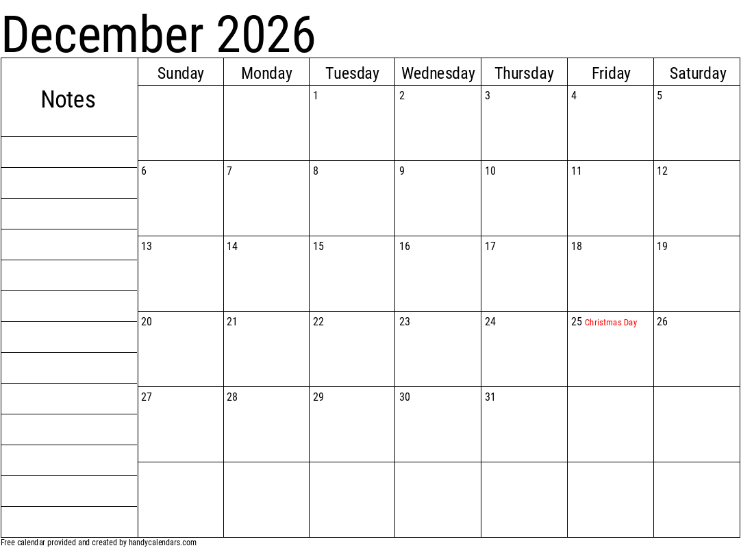 December 2026 Calendar With Notes And Holidays Handy Calendars