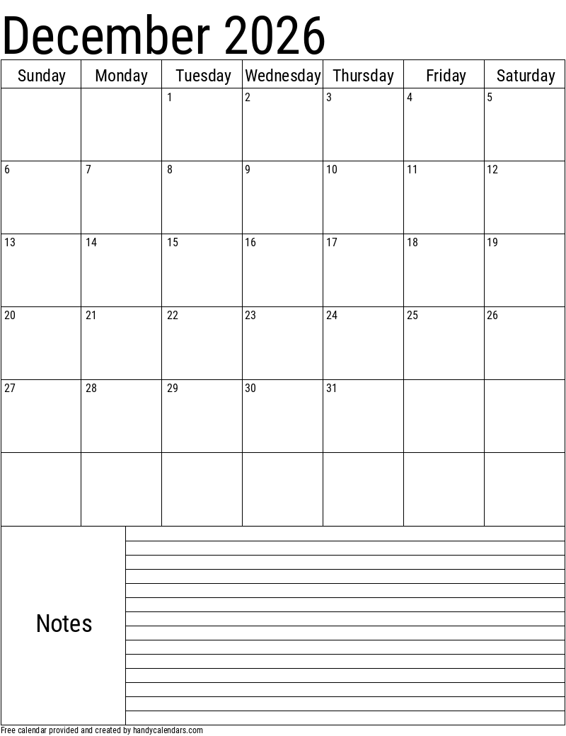 December 2026 Calendar With Notes And Holidays - Handy Calendars