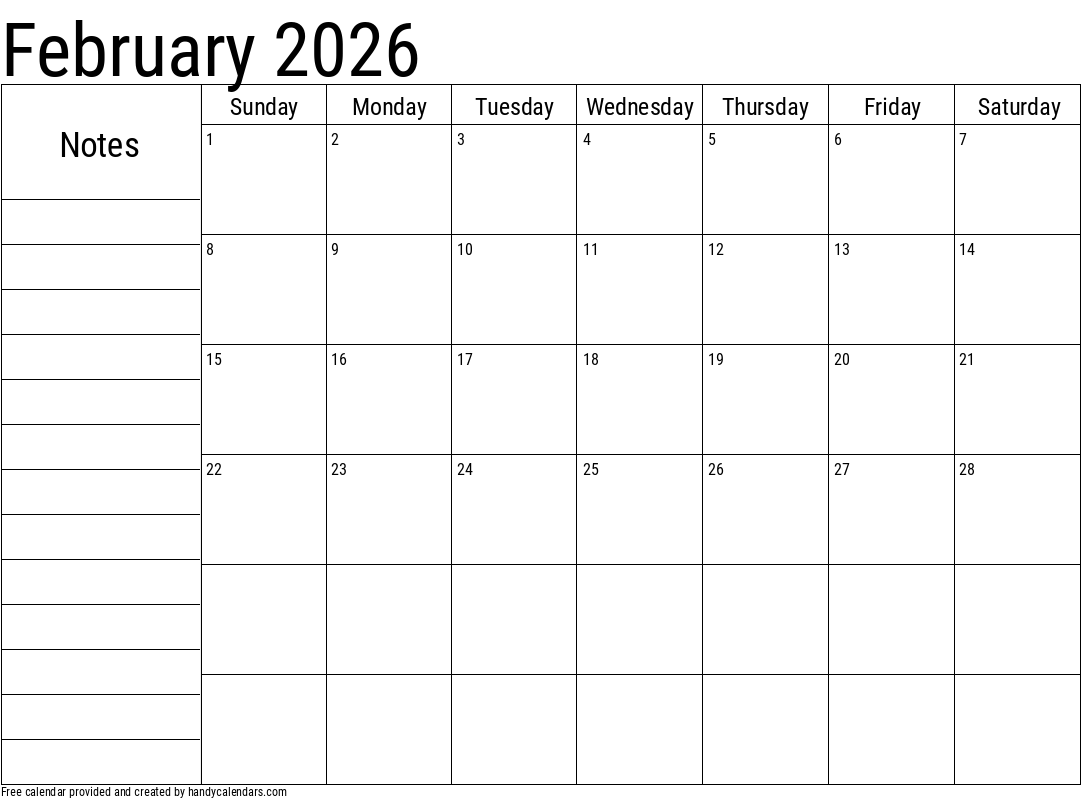 2026 February Calendars Handy Calendars