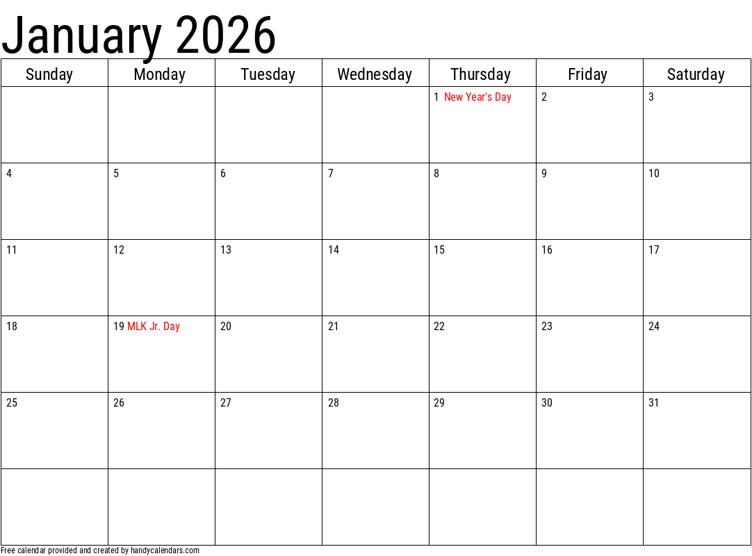 January 2026 Calendar With Holidays Handy Calendars