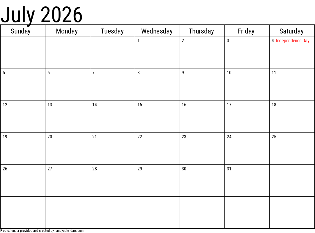 2026 July Calendars Handy Calendars