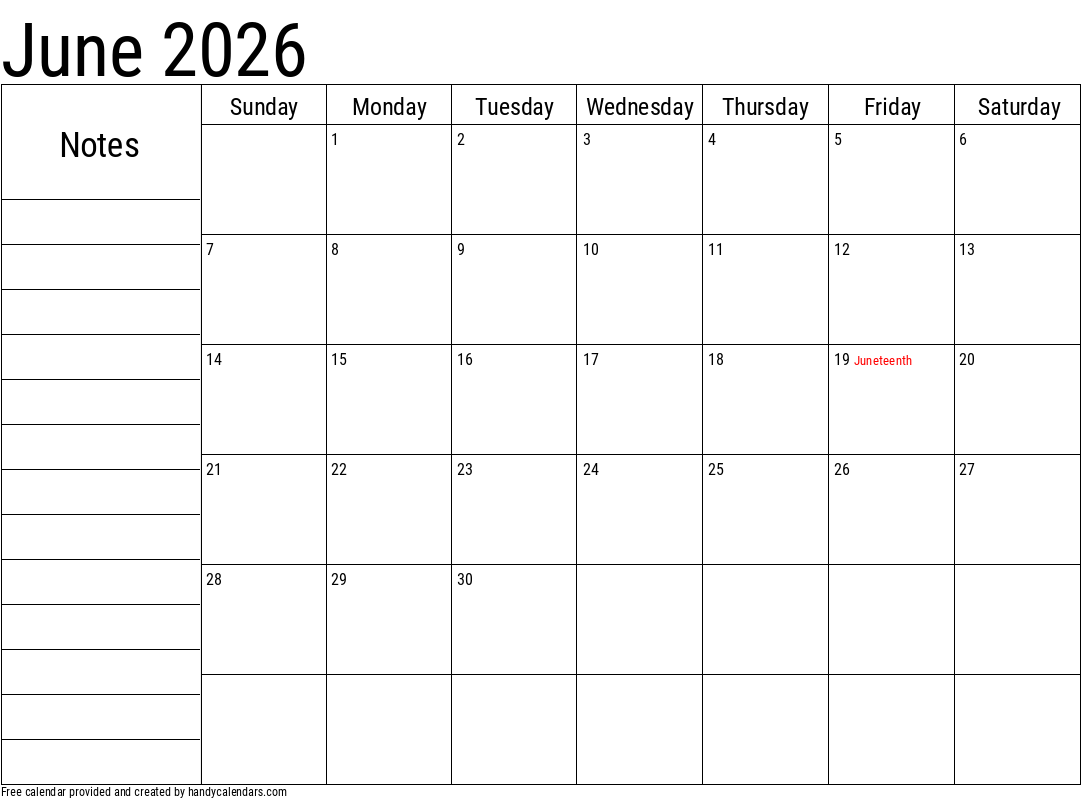 June 2026 Calendar With Notes And Holidays Handy Calendars