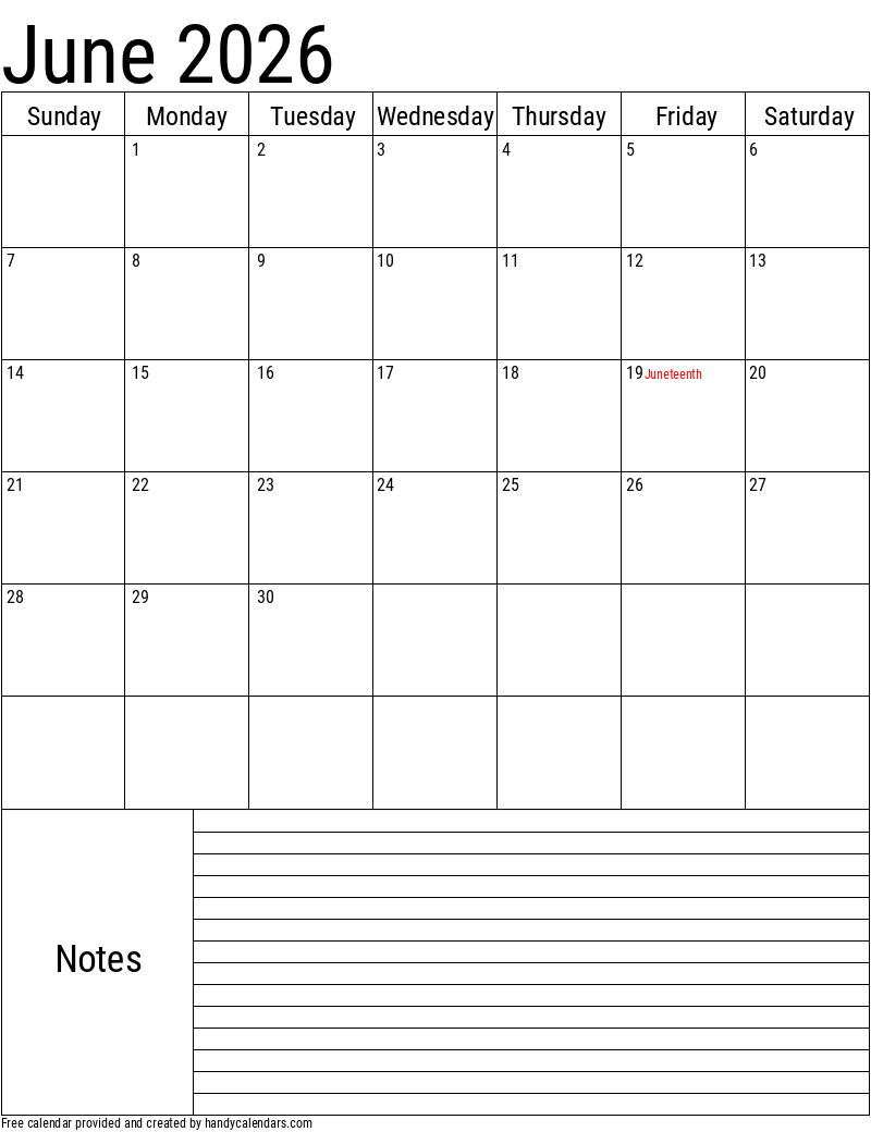 June 2026 Vertical Calendar With Notes And Holidays - Handy Calendars