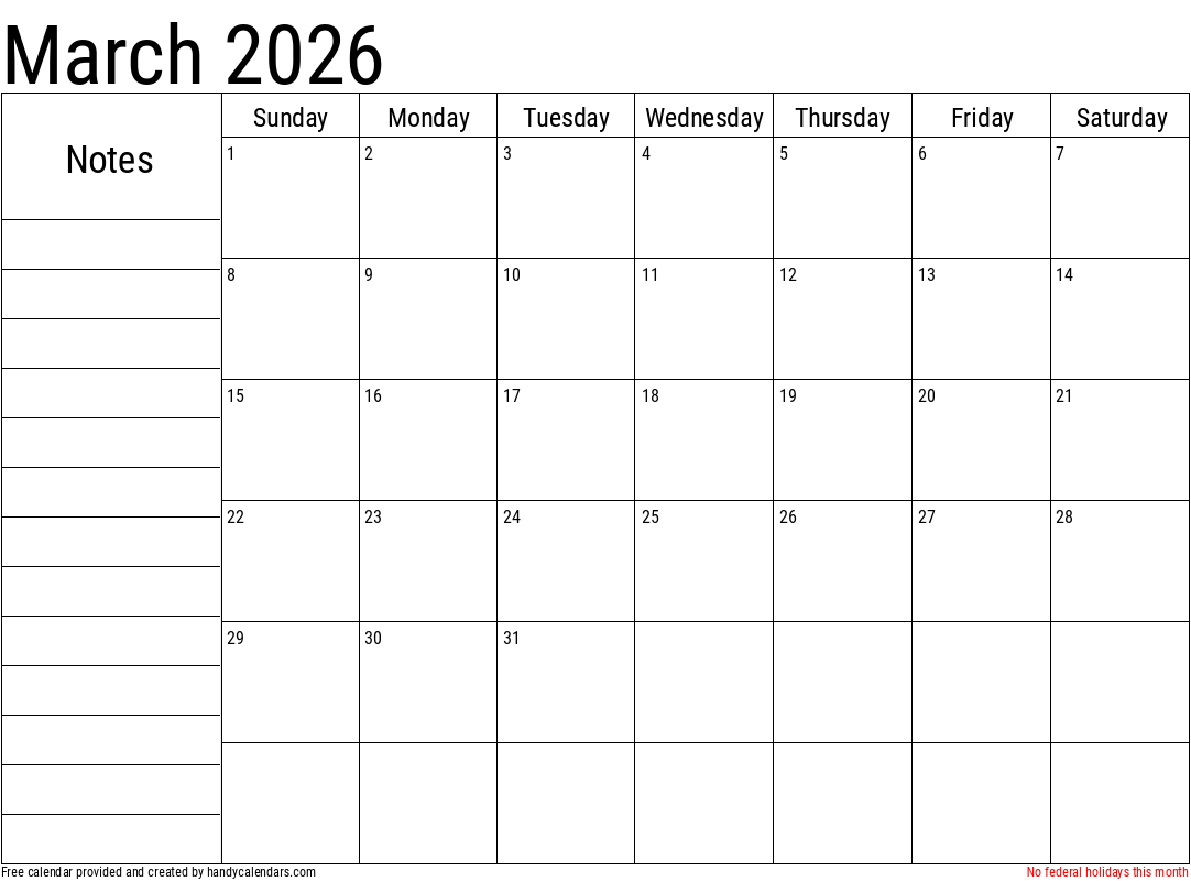 March 2026 Calendar With Notes And Holidays - Handy Calendars