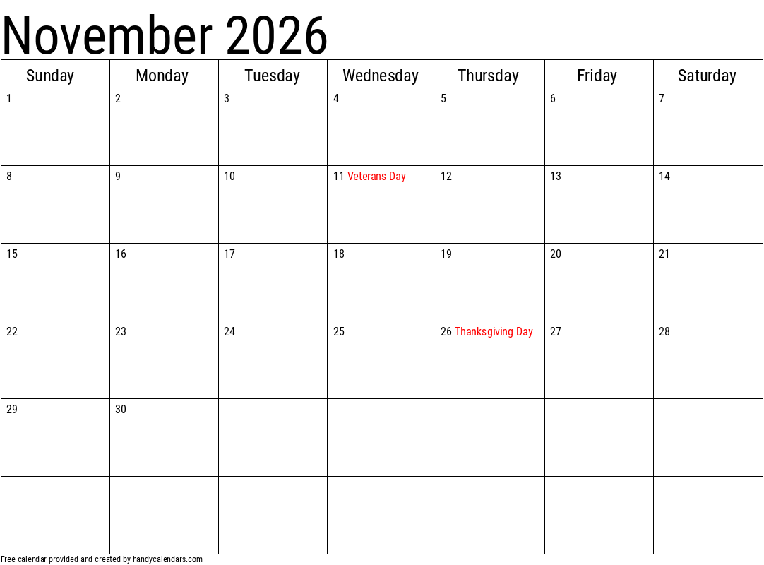 November 2026 Calendar With Holidays - Handy Calendars