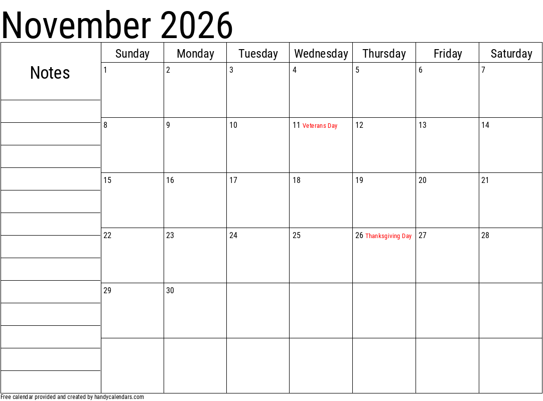 November 2026 Calendar With Notes And Holidays - Handy Calendars