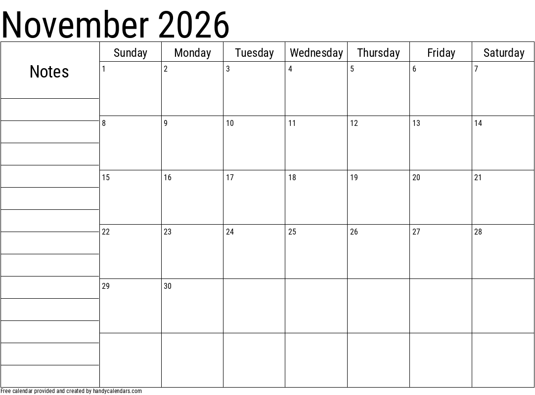 2026 November Calendars Handy Calendars