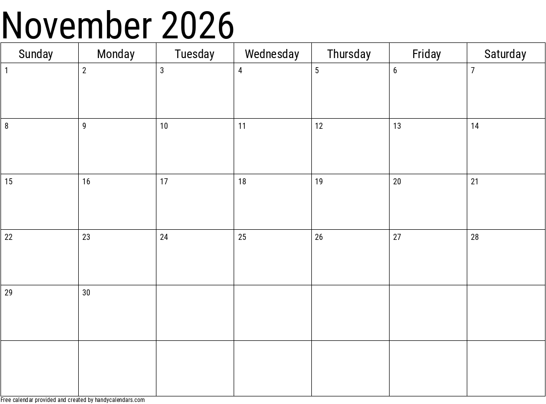 2026 November Calendars - Handy Calendars