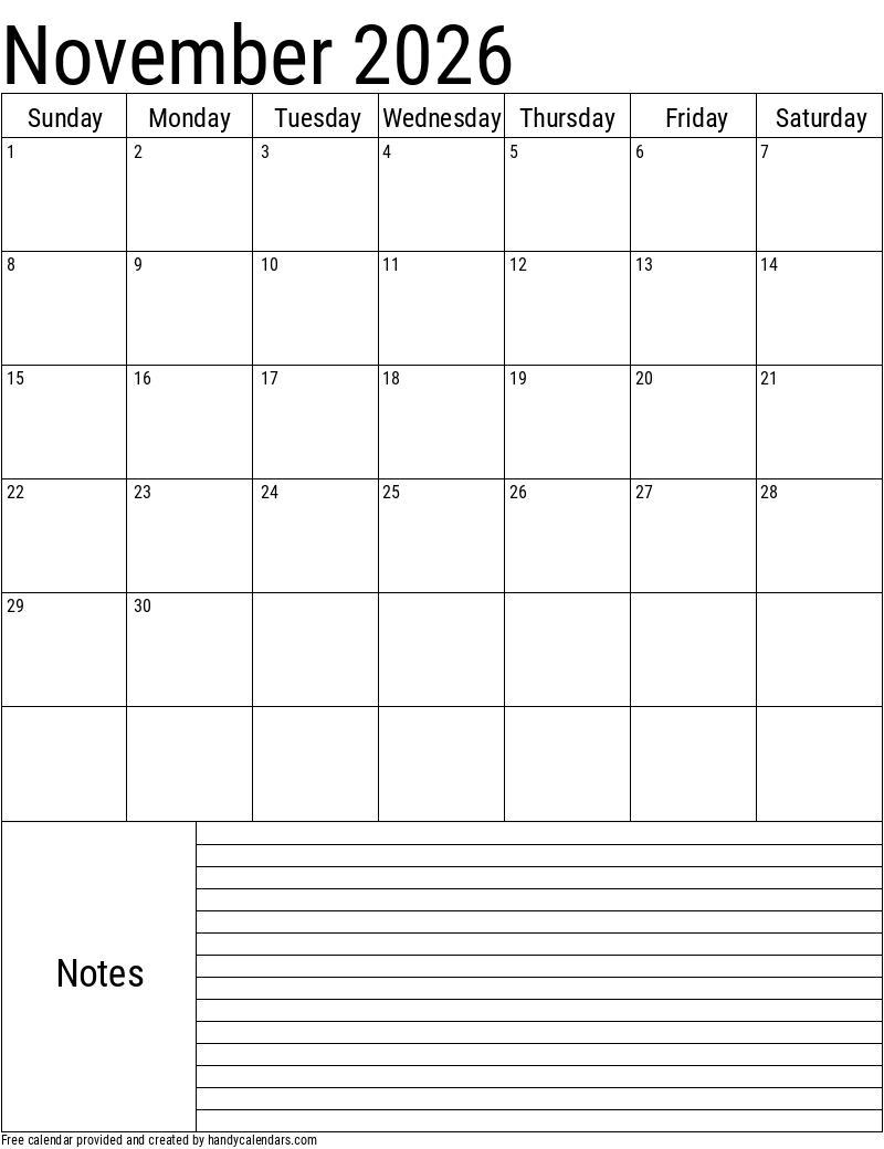 November 2026 Vertical Calendar With Notes Handy Calendars