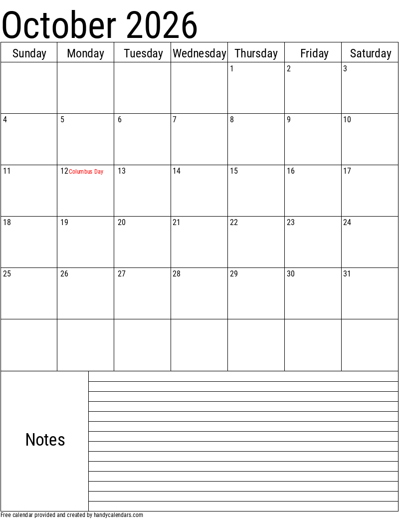 October 2026 Vertical Calendar With Notes And Holidays Handy Calendars