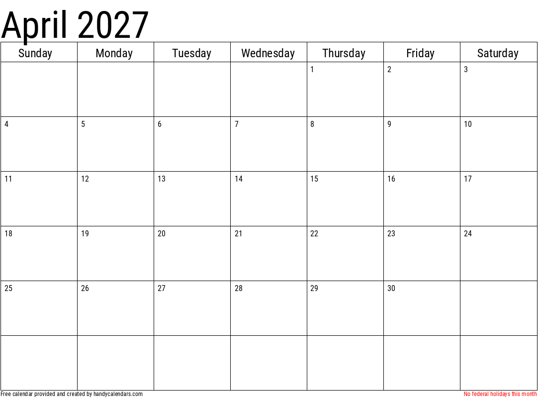 2027 April Calendars Handy Calendars