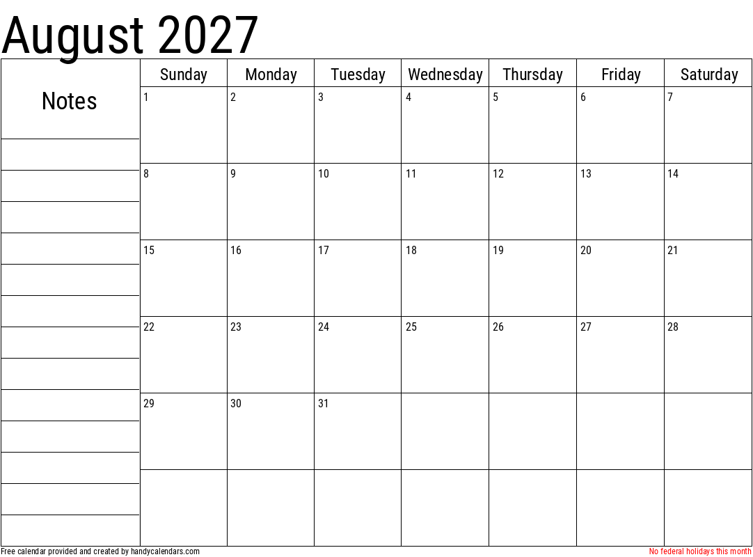 August 2027 Calendar With Notes And Holidays Handy Calendars