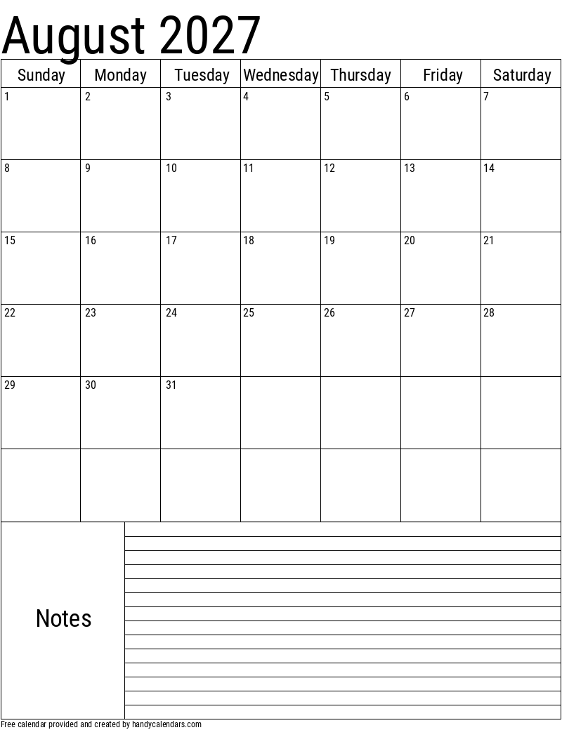 August 2027 Vertical Calendar With Notes Handy Calendars