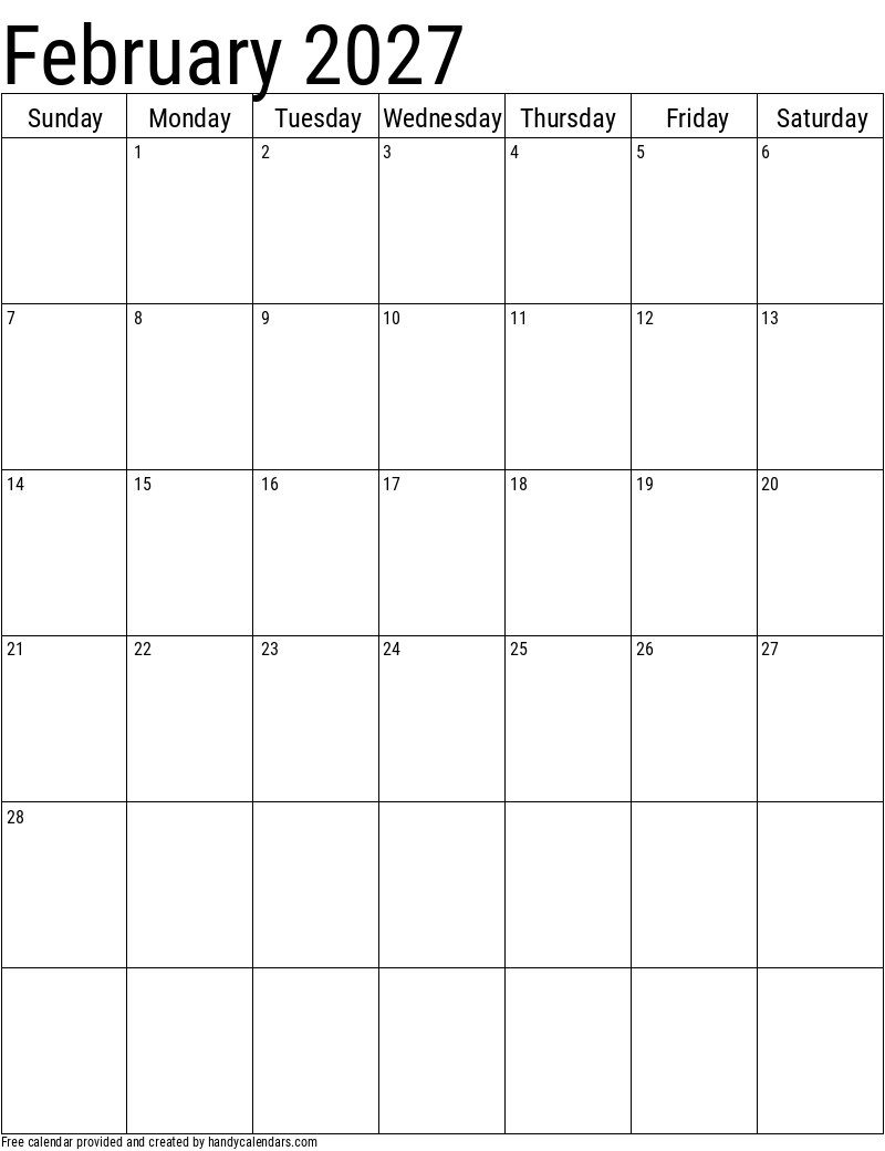 February 2027 Vertical Calendar Handy Calendars