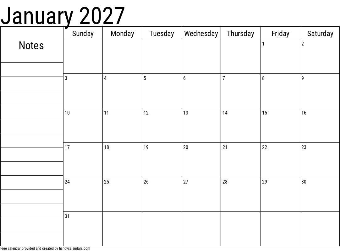 January 2027 Calendar