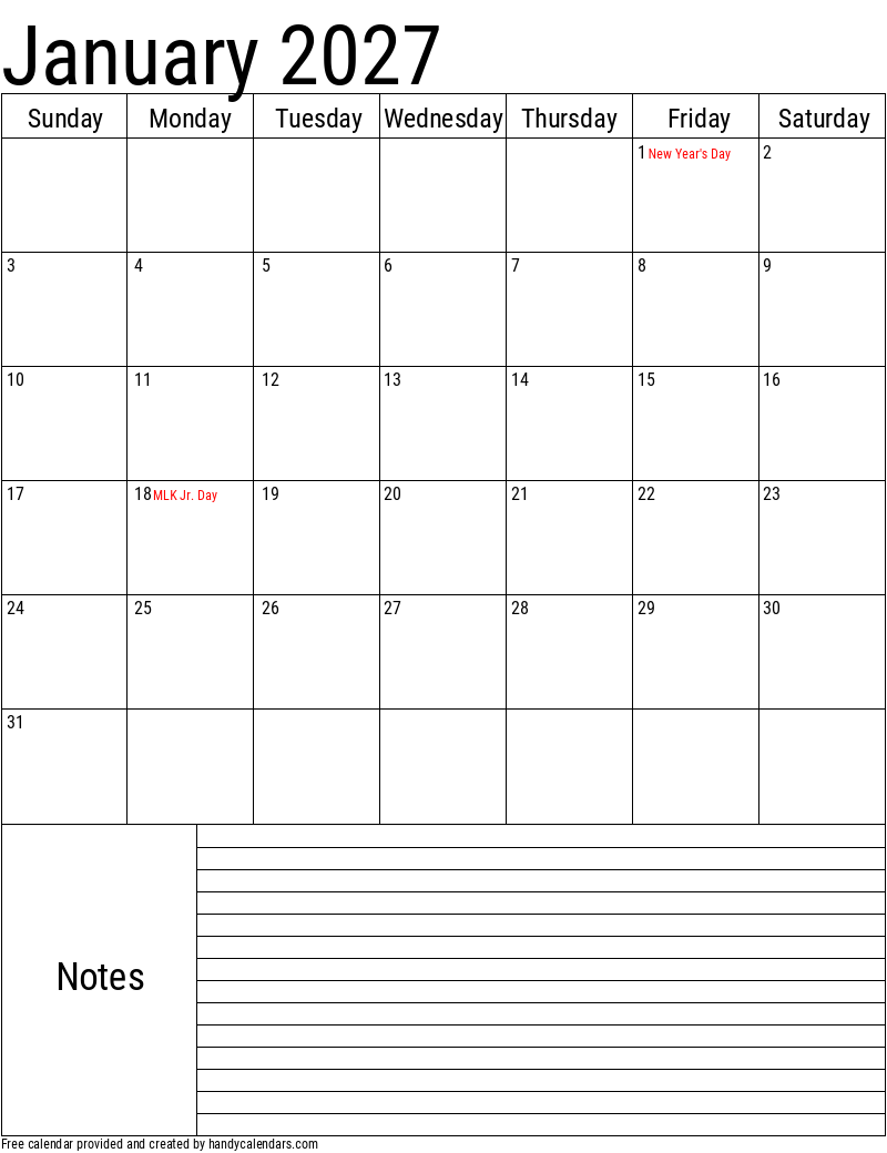 January 2027 Vertical Calendar With Notes And Holidays - Handy Calendars