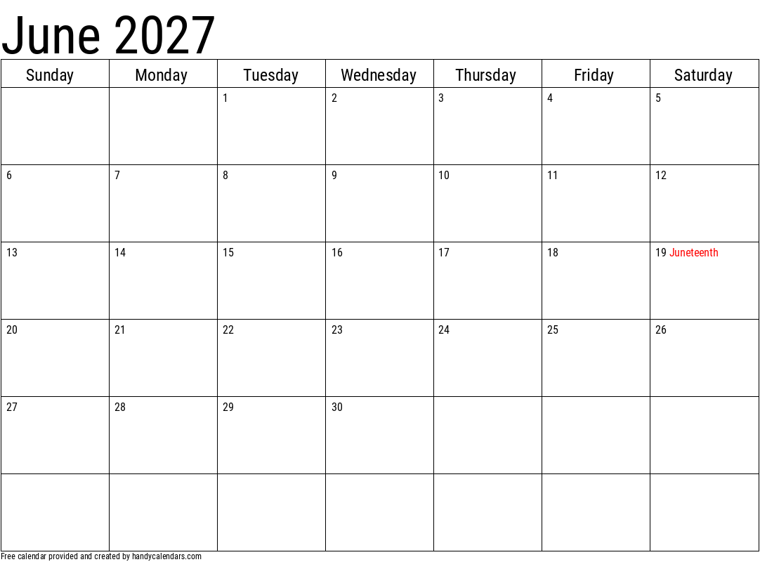 2027 June Calendar Template with Holidays