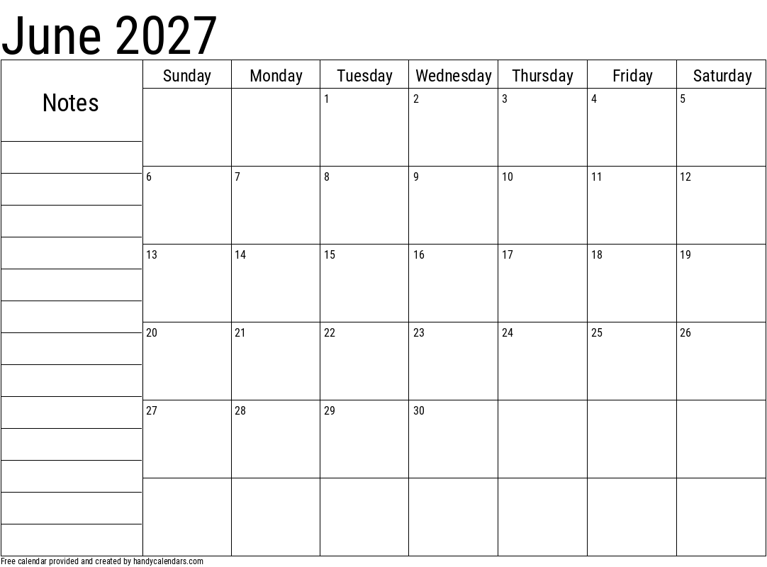 2027 June Calendar with Notes Template