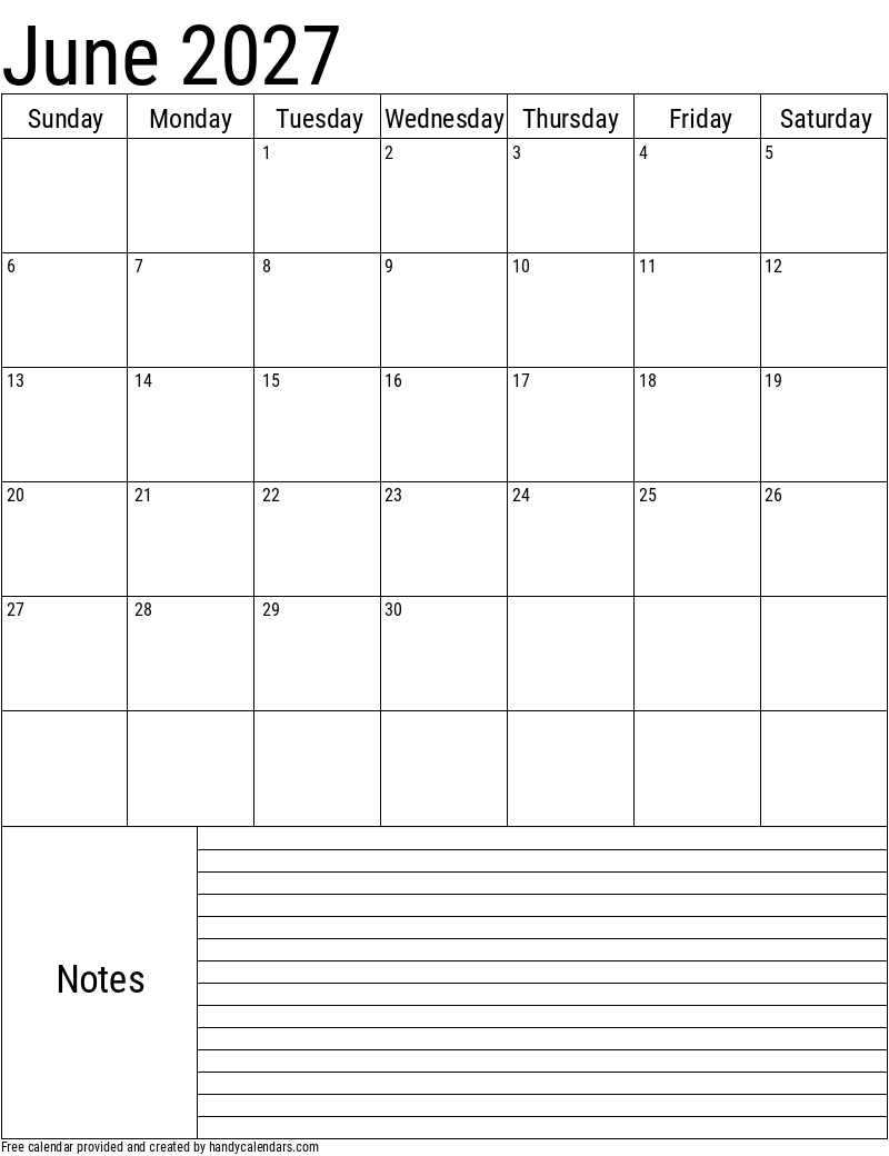 2027 June Vertical Calendar with Notes Template