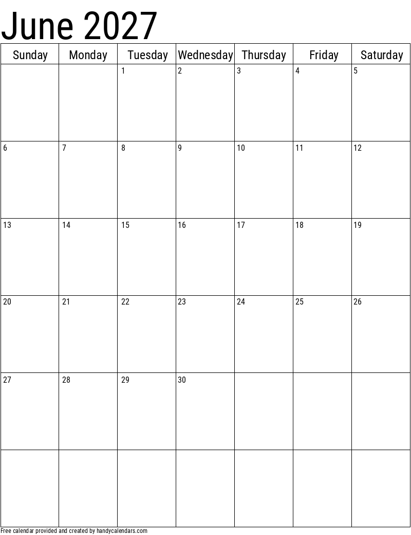 2027 June Vertical Calendar Template