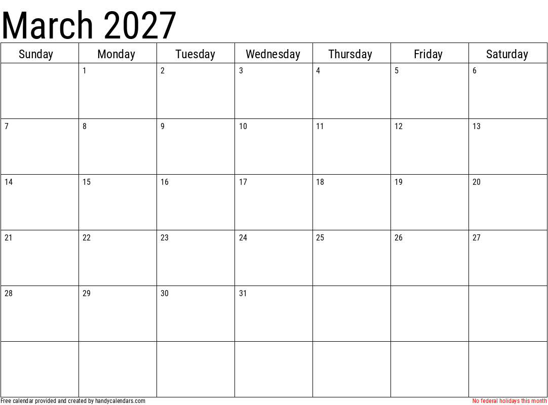 2027 March Calendar Template with Holidays