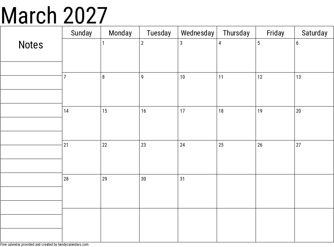 2027 March Calendar with Notes Template