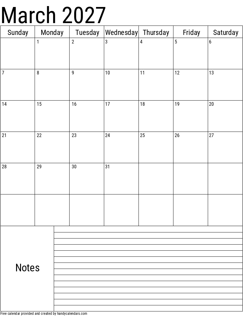 2027 March Vertical Calendar with Notes Template