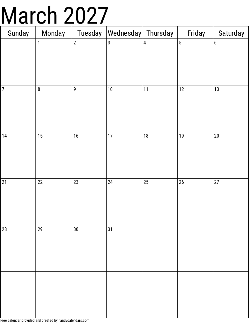 2027 March Vertical Calendar Template